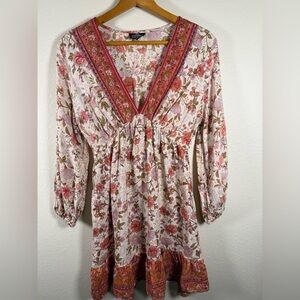 Angie Coral Floral Hippie Boho V-neck Dress Balloon Sleeve Flowy S